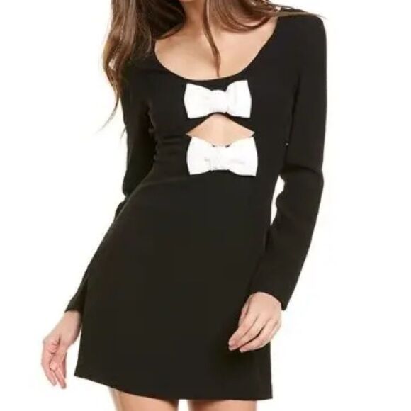 STAUD Lido Long Sleeve Crepe Mini Dress w Bow Cutout Details in Black & Opal - Picture 1 of 9